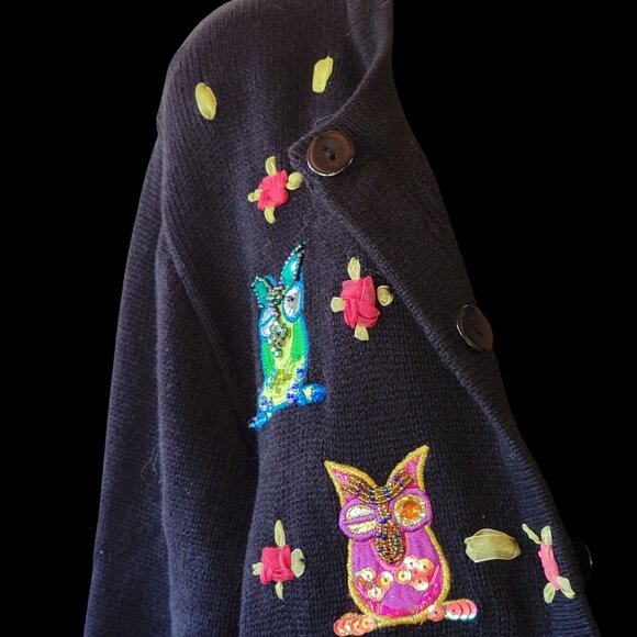 Vintage 90s Y2K Jack B Quick Sequined Beaded Novelty Owl Cardigan Sweater Top - Picture 15 of 16